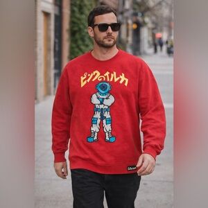 Pink Dolphin Graphic Crewneck Sweatshirt Red | Japanese Diver Pullover Large